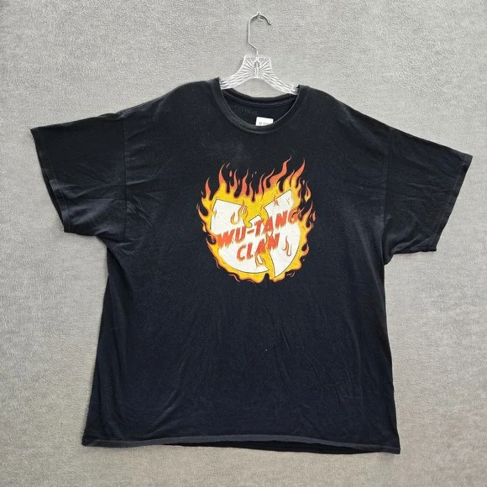 Wu Tang Men Shirt XXL Black On‎ Fire Flame Logo Graphic Short Sleeve